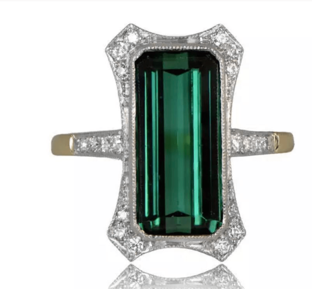 Reserved for Karen Elongated Emerald Cut Green Tourmaline Ring 10K Gold - Lord of Gem Rings