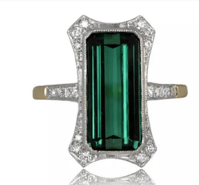 Reserved for Karen Elongated Emerald Cut Green Tourmaline Ring 10K Gold - Lord of Gem Rings