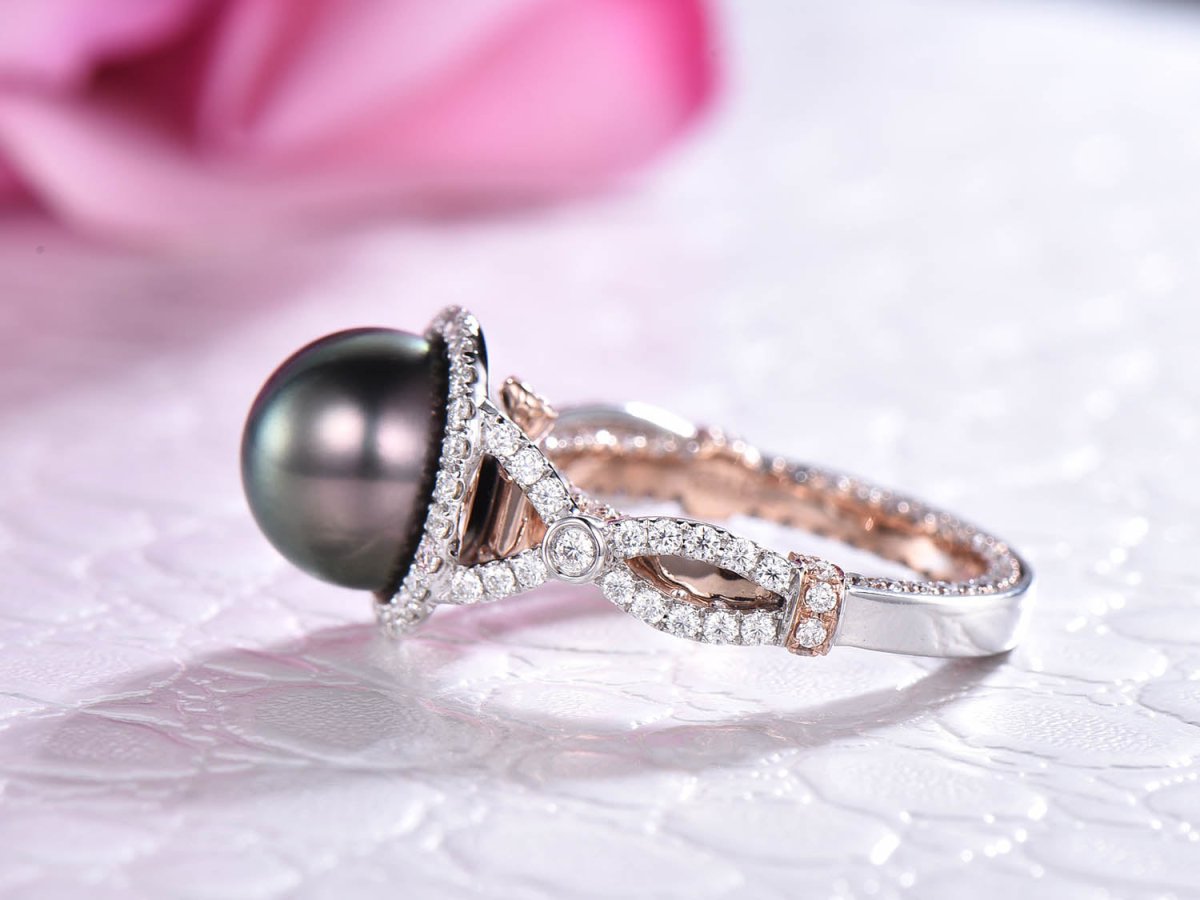 Reserved for Karmen: Custom Tahitian Pearl Engagement Ring Two Tones - Lord of Gem Rings