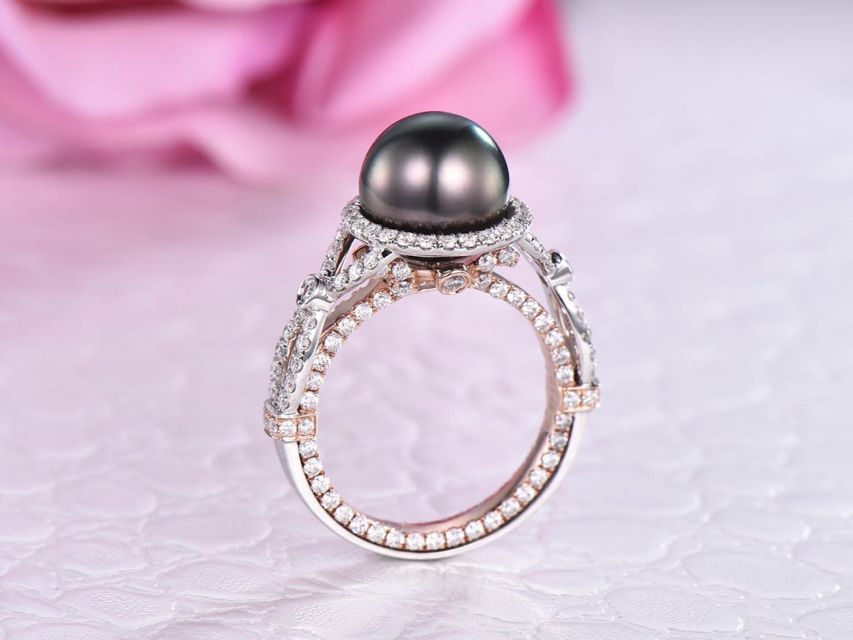 Reserved for Karmen: Custom Tahitian Pearl Engagement Ring Two Tones - Lord of Gem Rings