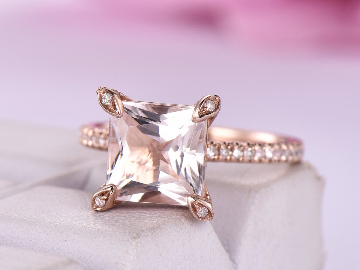 Reserved for Katherine Princess Morganite Engagement Ring Diamond Prongs 14K Rose Gold 10mm - Lord of Gem Rings