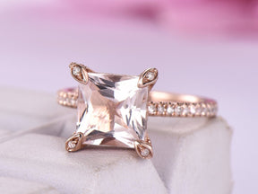 Reserved for Katherine Princess Morganite Engagement Ring Diamond Prongs 14K Rose Gold 10mm - Lord of Gem Rings