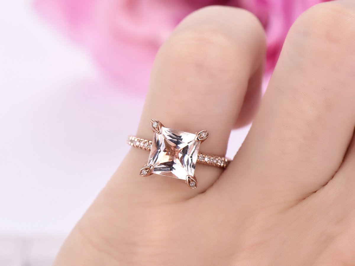 Reserved for Katherine Princess Morganite Engagement Ring Diamond Prongs 14K Rose Gold 10mm - Lord of Gem Rings