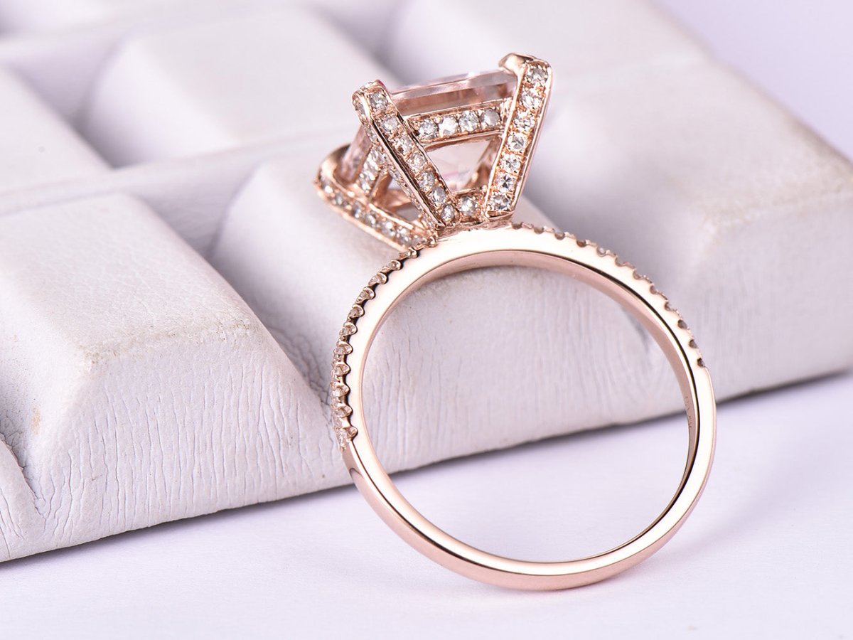 Reserved for Katherine Princess Morganite Engagement Ring Diamond Prongs 14K Rose Gold 10mm - Lord of Gem Rings