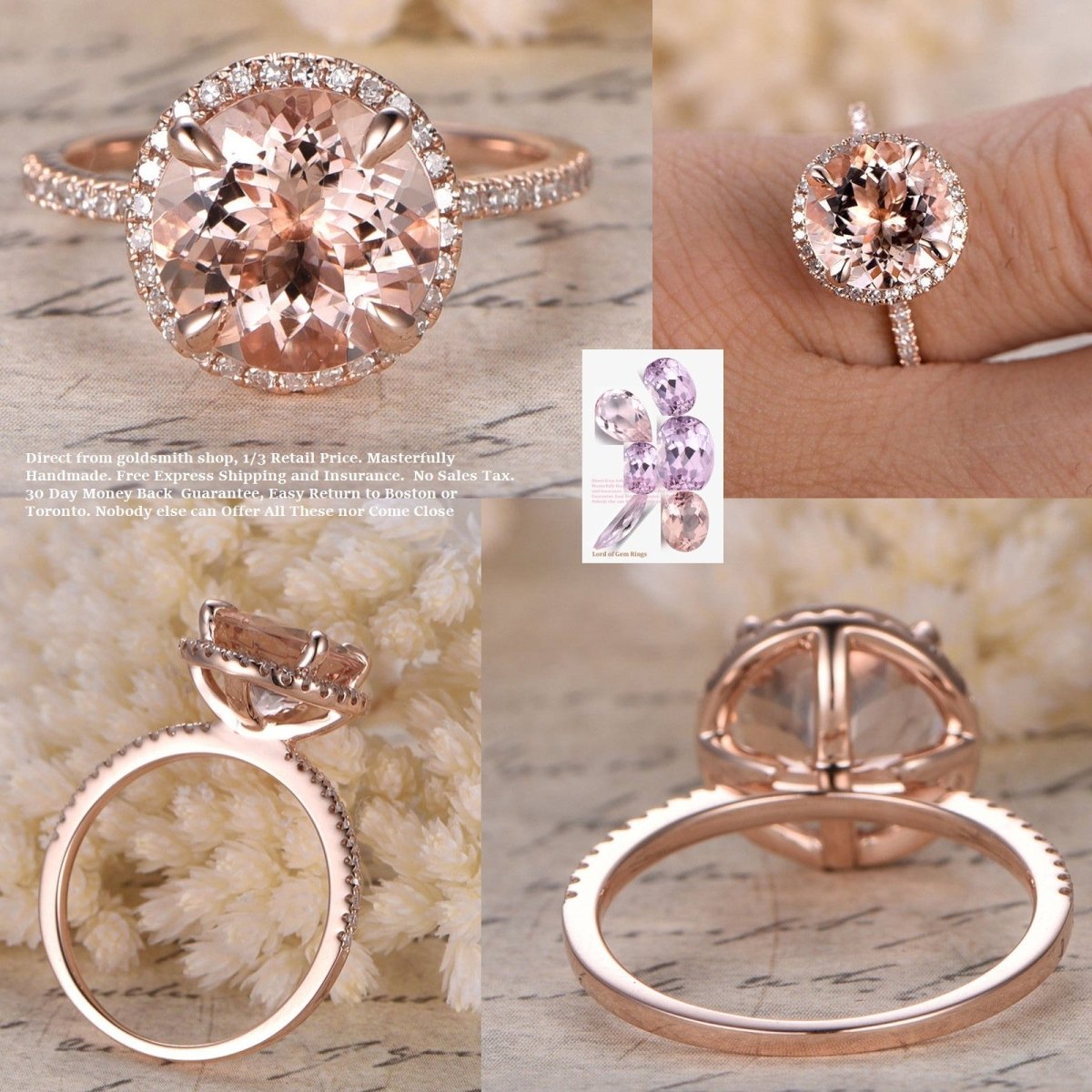Reserved for Katherine Round PInk Morganite Ring VS Diamonds 14K Rose Gold 9mm - Lord of Gem Rings