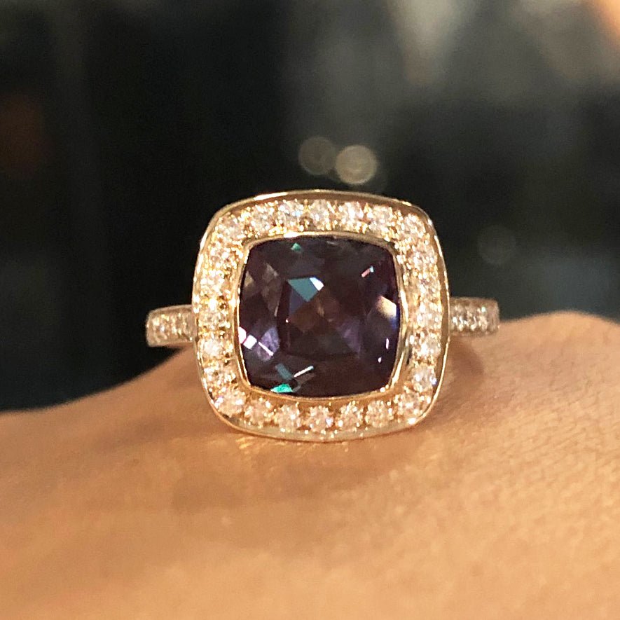 Reserved for Kathryn- Bezel Cushion Alexandrite Ring Pave Diamond Wedding 14K Yellow Gold 8mm - Lord of Gem Rings