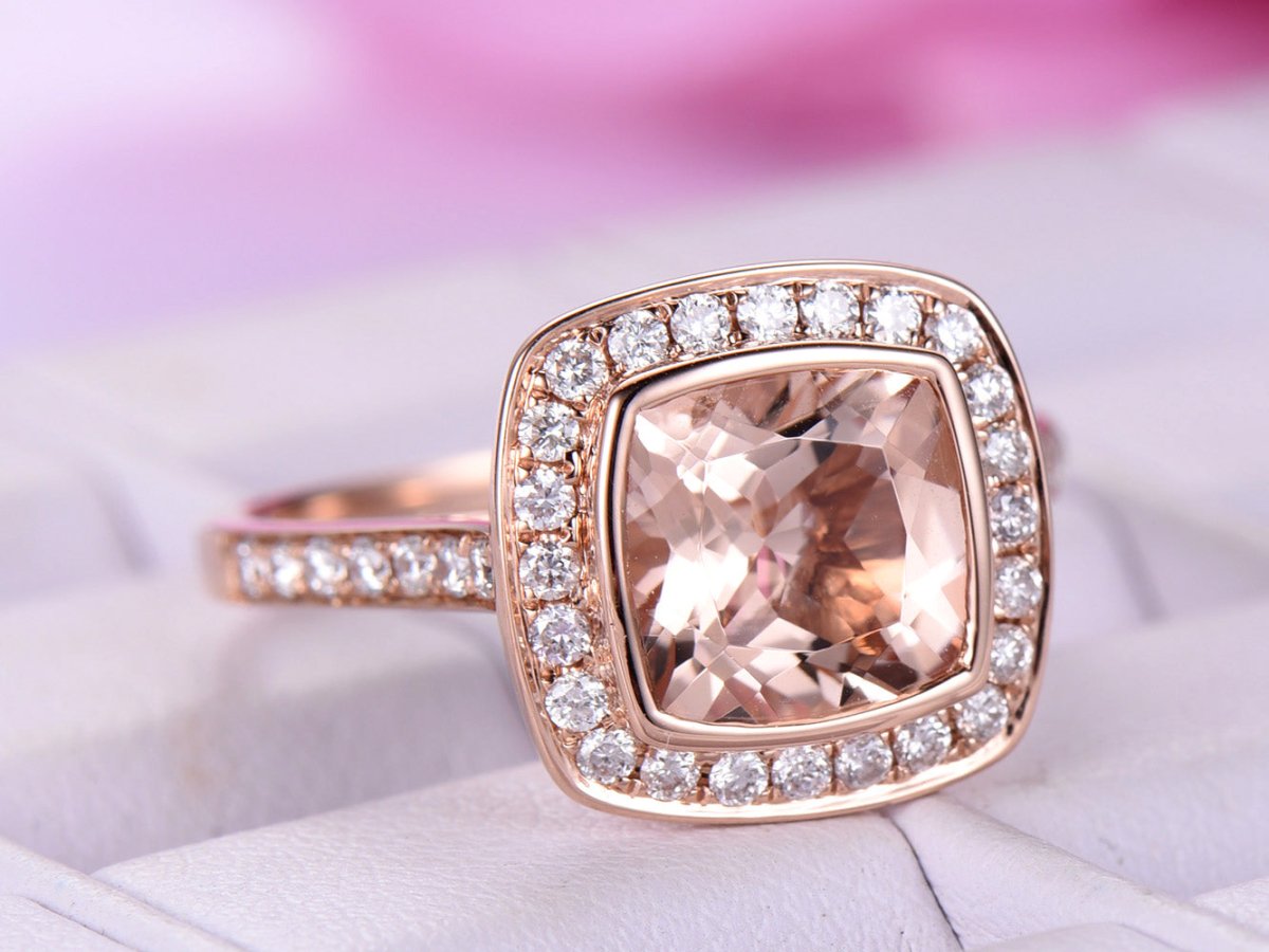 Reserved for Kathryn- Bezel Cushion Alexandrite Ring Pave Diamond Wedding 14K Yellow Gold 8mm - Lord of Gem Rings