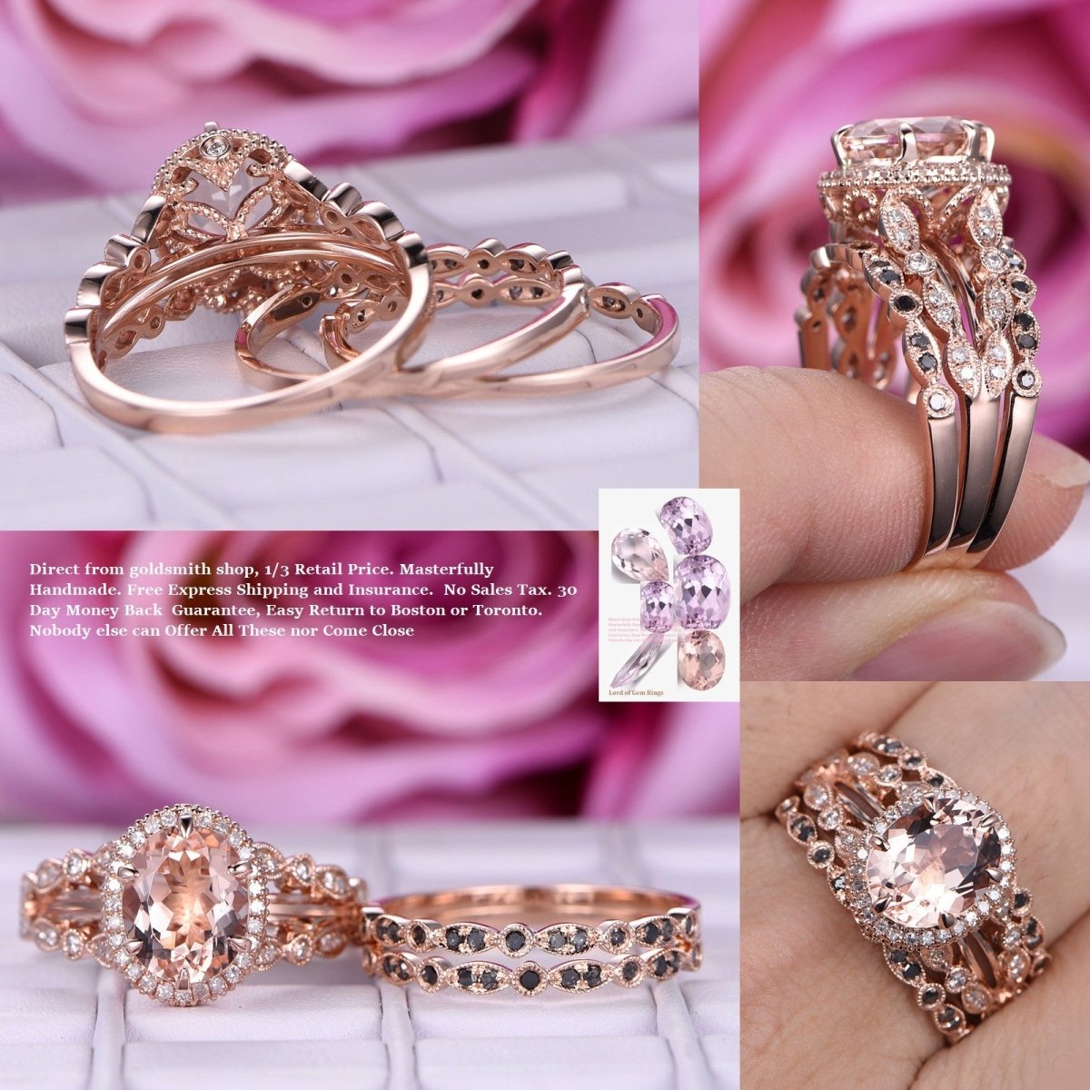 Reserved for Keara Oval Morganite Ring Trio Sets Peirdot Band 14K Rose Gold Milgrain Under Gallery - Lord of Gem Rings