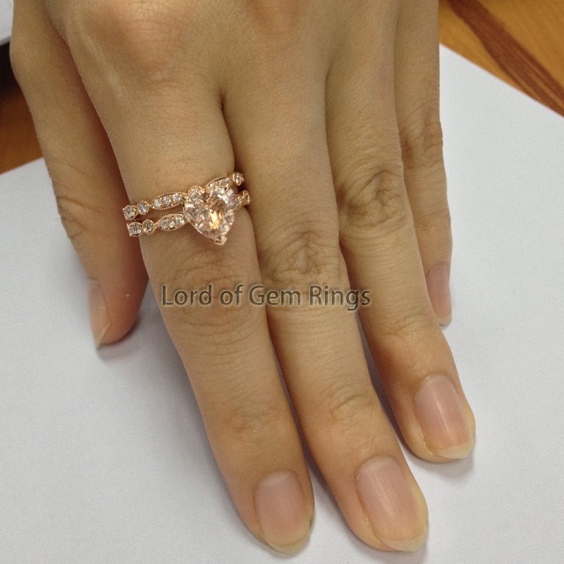 Reserved for Kelsey Pear Morganite Engagement Ring Pave Moissantie Wedding 14K Rose Gold - Lord of Gem Rings