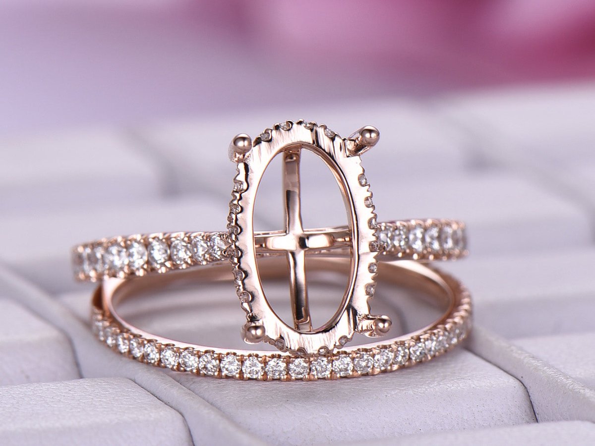 Reserved for Kendra Diamond Semi Mount Cathedral Ring Bridal Set 14K Rose Gold Oval - Lord of Gem Rings