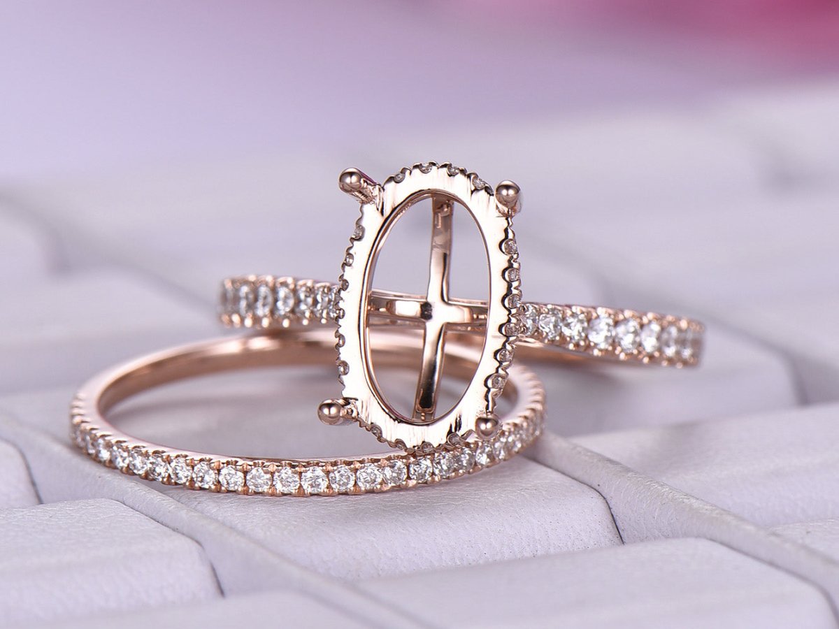 Reserved for Kendra Diamond Semi Mount Cathedral Ring Bridal Set 14K Rose Gold Oval - Lord of Gem Rings