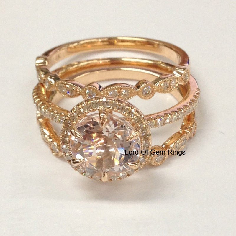 Reserved for Keri heart Morganite Engagement Ring Trio Bridal Set 14K Rose Gold - Lord of Gem Rings