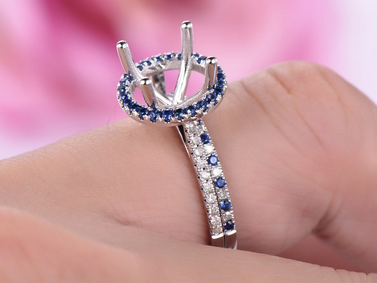 Reserved for KND Diamond/sapphire Semi Mount Ring Set 14K White Gold Round - Lord of Gem Rings