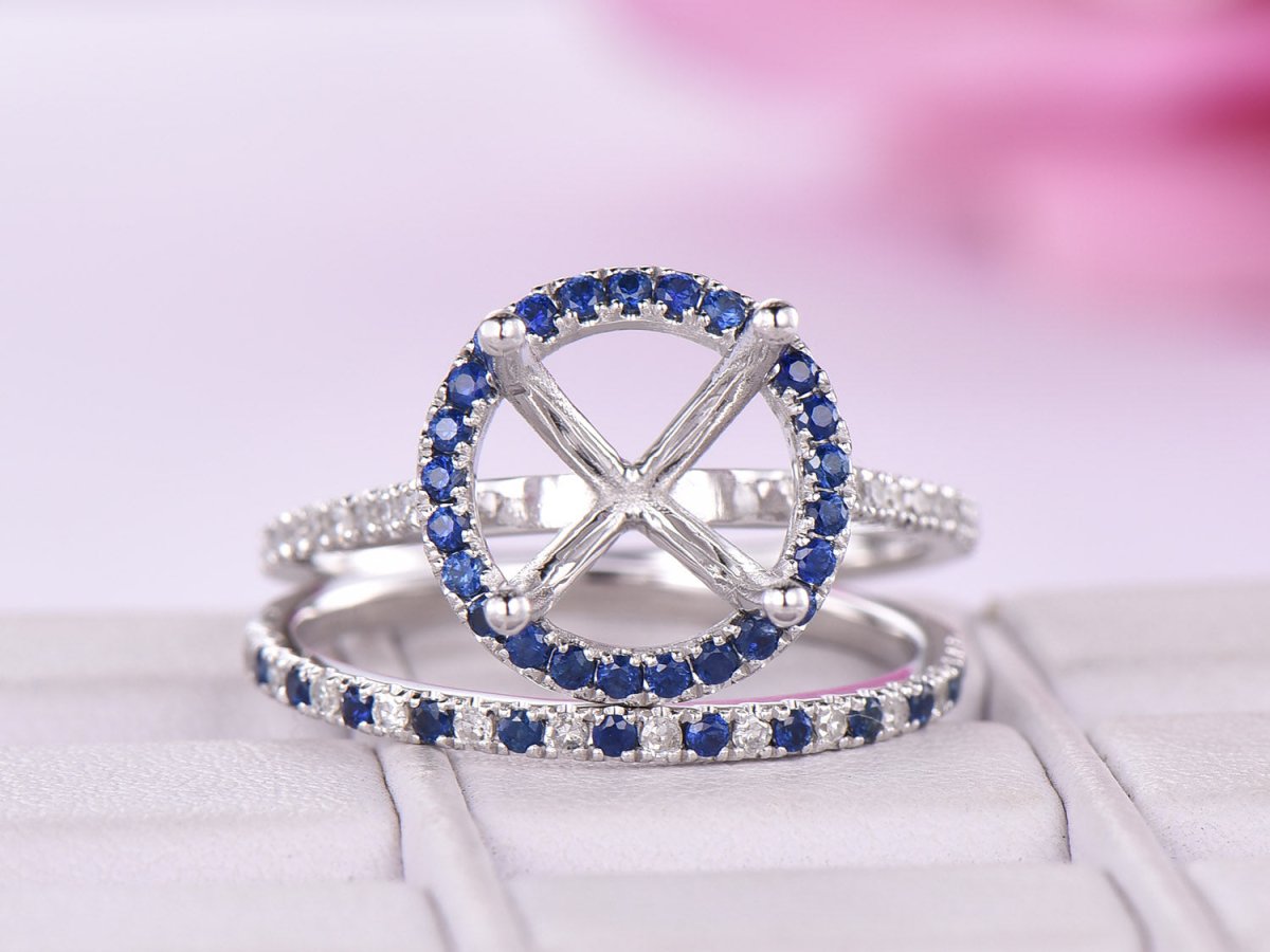 Reserved for KND Diamond/sapphire Semi Mount Ring Set 14K White Gold Round - Lord of Gem Rings