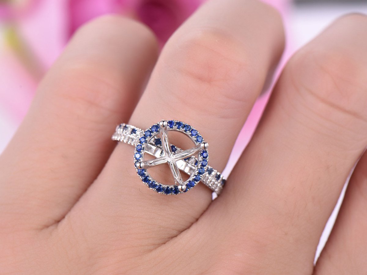 Reserved for KND Diamond/sapphire Semi Mount Ring Set 14K White Gold Round - Lord of Gem Rings