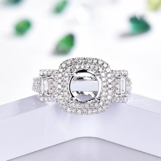 Reserved for KND  Semi Mount Ring Diamond Double halo split shank 14K White Gold  Round 7mm