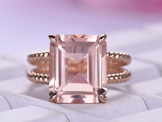 Reserved for Kyla Emerald Cut Morganite Engagement Ring 14K Rose Gold 10x12mm