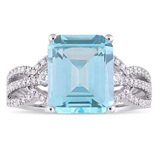 Reserved for L-Q Emerld Cut Swiss Blue Topaz Ring Diamond Split Shank 14K White Gold 8x10mm