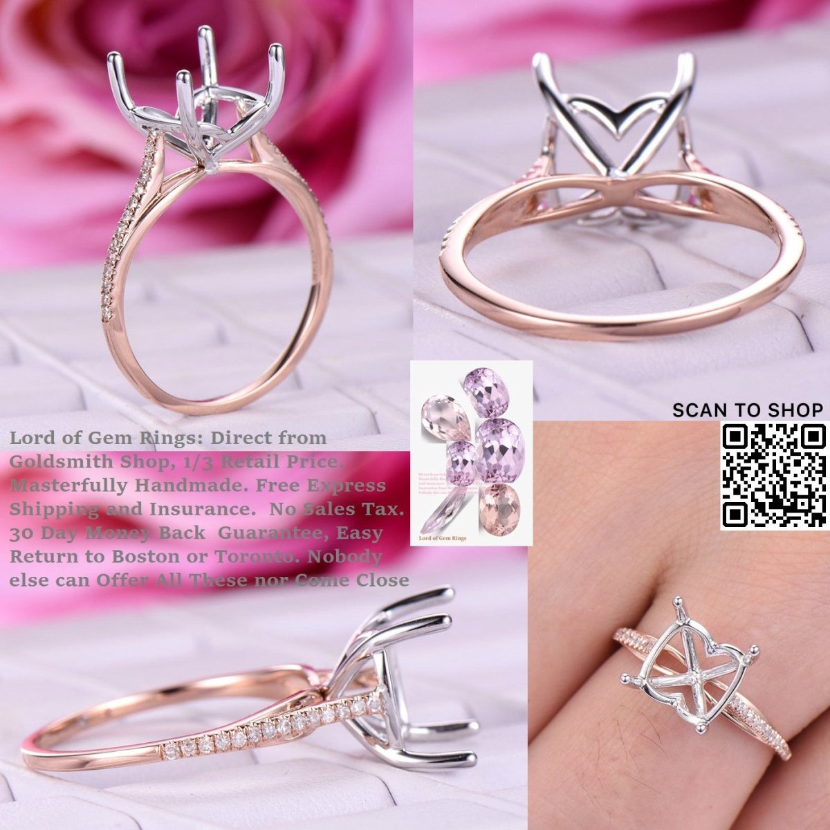 Reserved for Laura Diamond Semi Mount Ring Double Prongs 18K Yellow Gold Cushion 12mm - Lord of Gem Rings