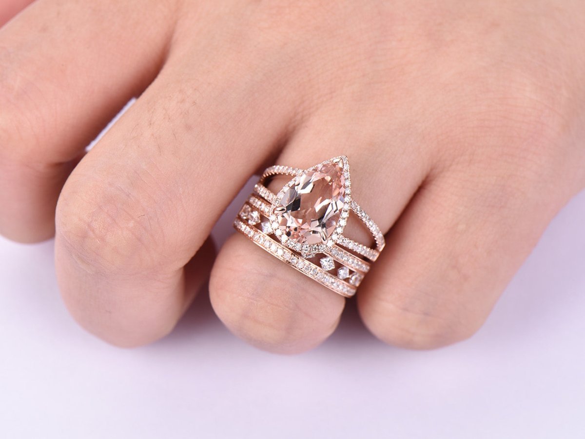 Reserved for Laura Pear Morganite Engagement Ring Diamond Matching Band 14K Rose Gold - Lord of Gem Rings