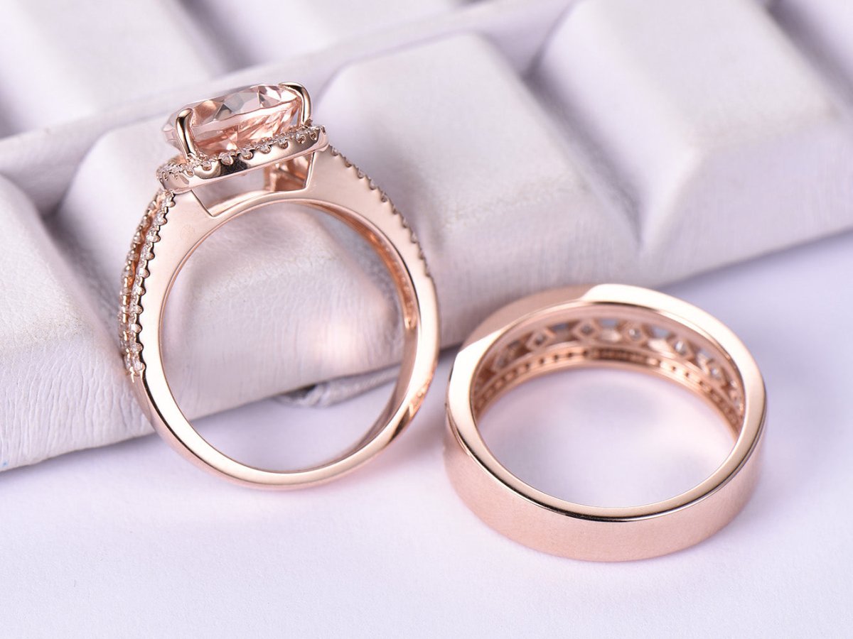 Reserved for Laura Pear Morganite Engagement Ring Diamond Matching Band 14K Rose Gold - Lord of Gem Rings