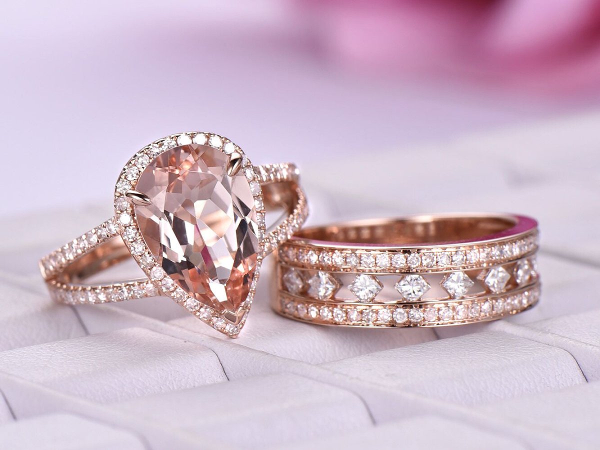 Reserved for Laura Pear Morganite Engagement Ring Diamond Matching Band 14K Rose Gold - Lord of Gem Rings