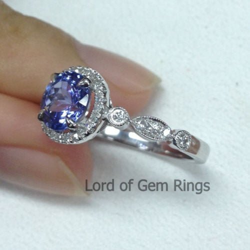 Reserved for Lisa Cushion Tanzanite Ring Art Deco Diamond Shank 14K White Gold 6mm - Lord of Gem Rings