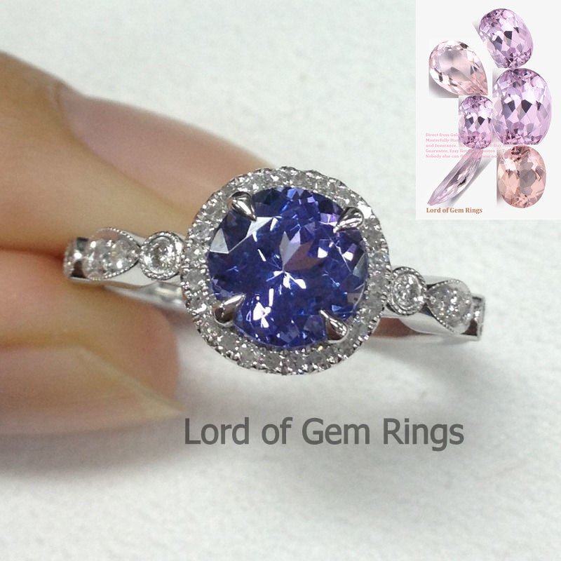 Reserved for Lisa Cushion Tanzanite Ring Art Deco Diamond Shank 14K White Gold 6mm - Lord of Gem Rings