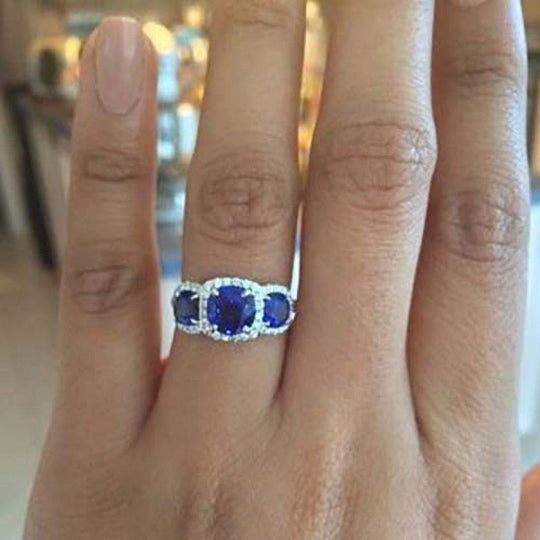 Reserved for LQ - 3 Stone Ring, Lab Blue Sapphire Halo Ring in 14k White Gold
