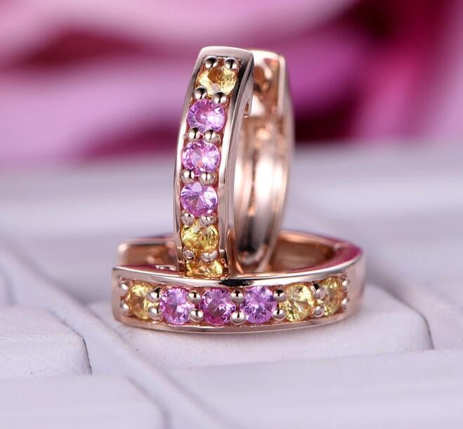 Reserved for Maria Pink/Yellow Sapphires Earrings hoops 14K Rose Gold - Lord of Gem Rings