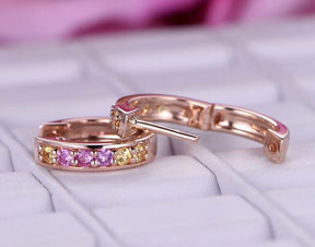 Reserved for Maria Pink/Yellow Sapphires Earrings hoops 14K Rose Gold - Lord of Gem Rings