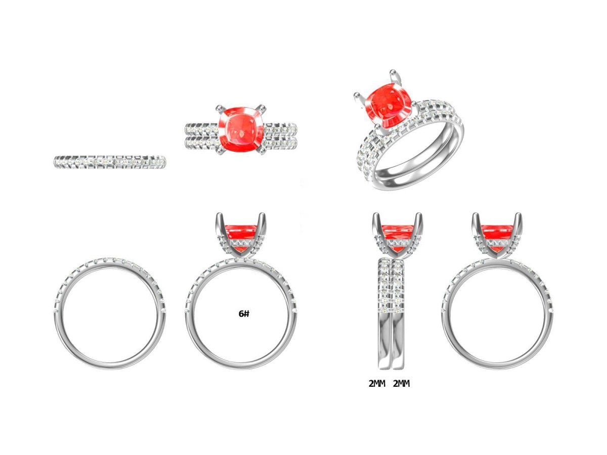 Reserved for Mathew- 8mm Cushion Garnet Engagement Ring & Pave Diamond Wedding Band 14K White Gold - Lord of Gem Rings