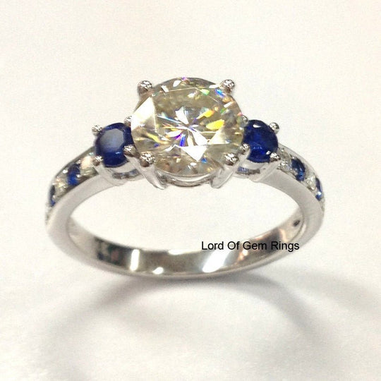 Reserved for Megan Round Moissanite Engagement Ring Accent Sapphire Moissanite 14K White Gold Forever Brilliant