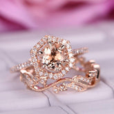 Reserved for MM- Customized Morganite Diamond Ring & Floral Vintage Diamond Bridal Set 14K Rose Gold - Lord of Gem Rings