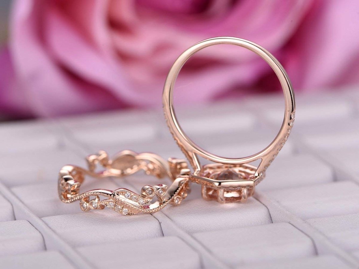 Reserved for MM- Customized Morganite Diamond Ring & Floral Vintage Diamond Bridal Set 14K Rose Gold - Lord of Gem Rings