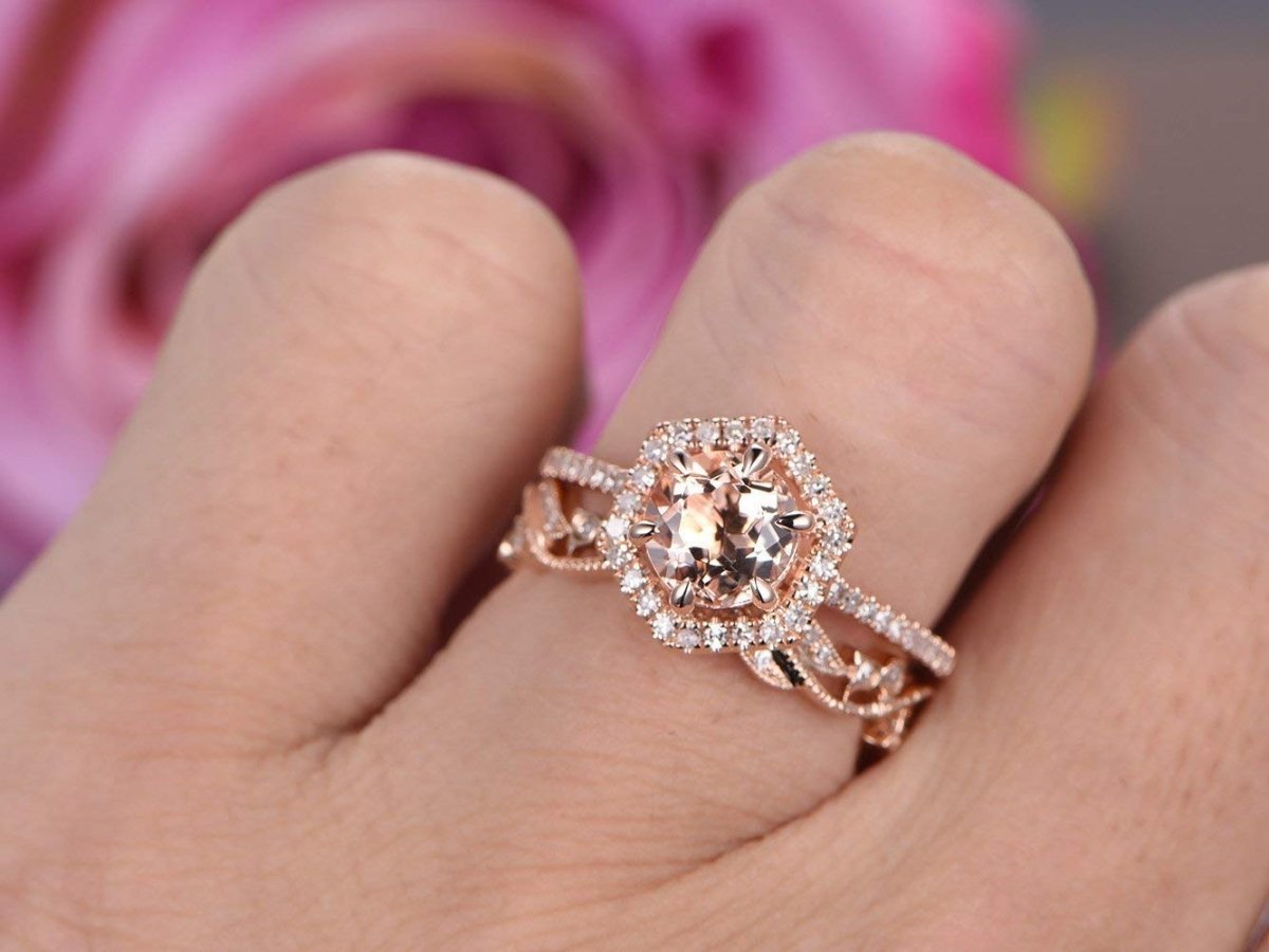 Reserved for MM- Customized Morganite Diamond Ring & Floral Vintage Diamond Bridal Set 14K Rose Gold - Lord of Gem Rings