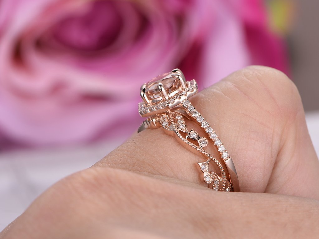 Reserved for MM- Customized Morganite Diamond Ring & Floral Vintage Diamond Bridal Set 14K Rose Gold - Lord of Gem Rings