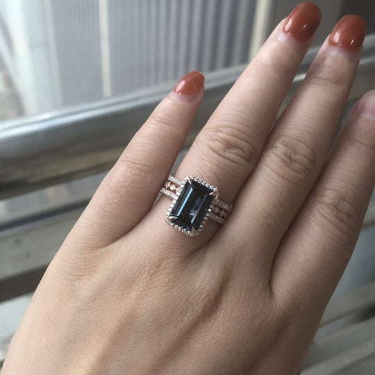 Reserved for Monica - Custom Elongated Emerald Cut London Blue Topaz Ring Trio Sets Pave Diamond Band 14K Rose Gold, 8x12mm