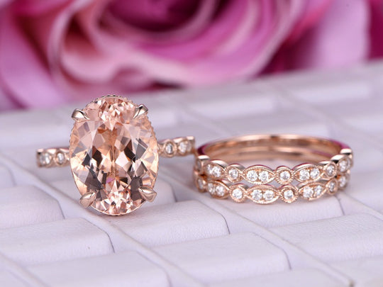 Reserved for Mwajuma 2nd payment ,Oval  Morganite Engagement Ring trio Sets 14K Rose Gold 12x16mm