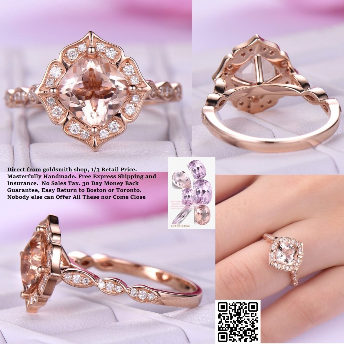 Reserved for natehoncho payments Custom Matching band for Cushion Morganite Cathedral Ring - Lord of Gem Rings