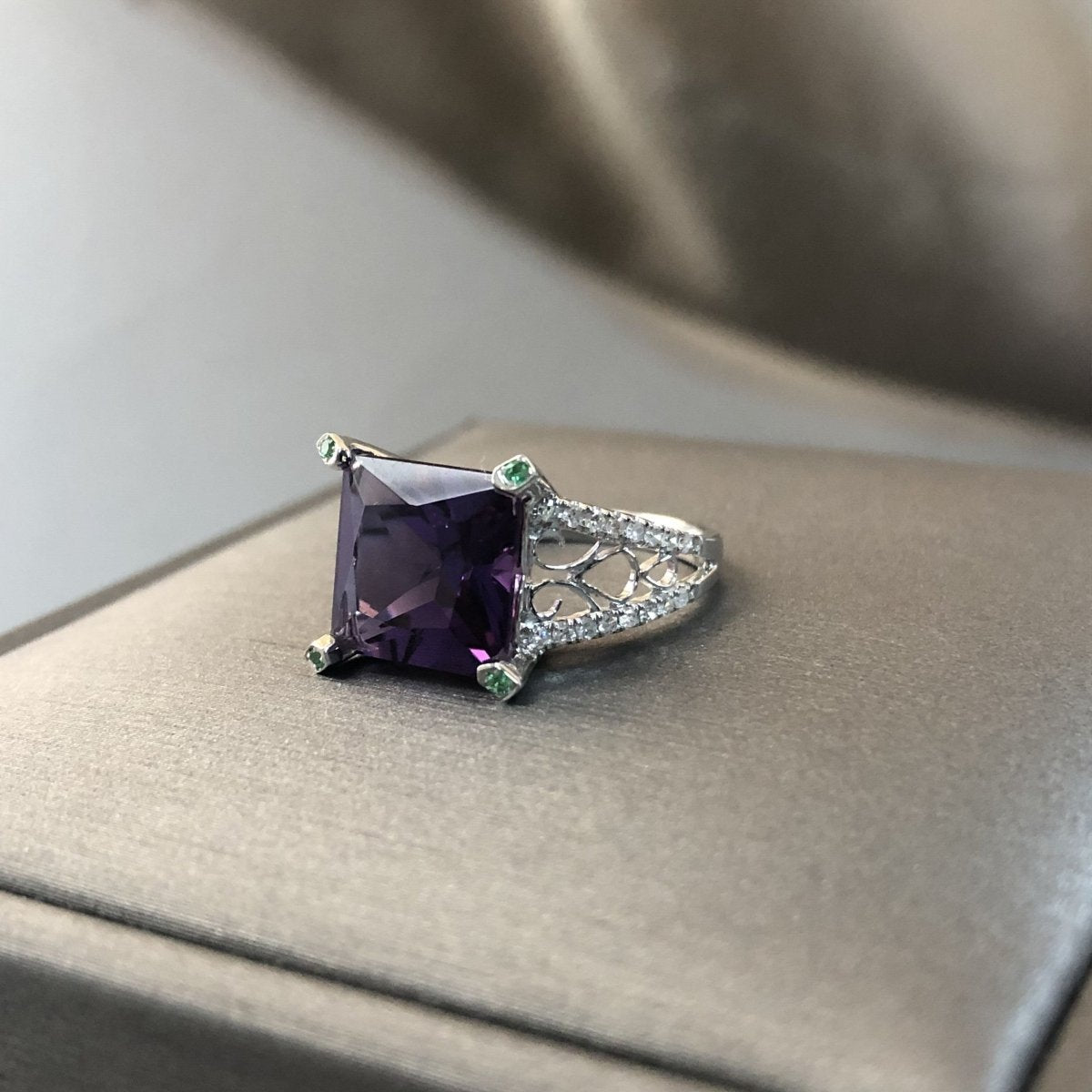 Reserved for Oleg - Princess Amethyst Engagement Ring Pave Diamond Wedding 14K White Gold 10.5mm - Lord of Gem Rings