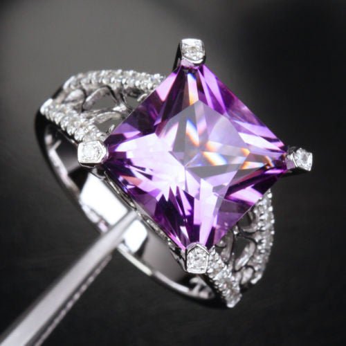 Reserved for Oleg - Princess Amethyst Engagement Ring Pave Diamond Wedding 14K White Gold 10.5mm - Lord of Gem Rings