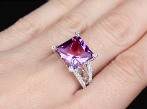 Reserved for Oleg - Princess Amethyst Engagement Ring Pave Diamond Wedding 14K White Gold 10.5mm - Lord of Gem Rings