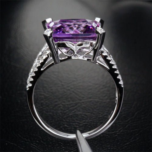 Reserved for Oleg - Princess Amethyst Engagement Ring Pave Diamond Wedding 14K White Gold 10.5mm - Lord of Gem Rings