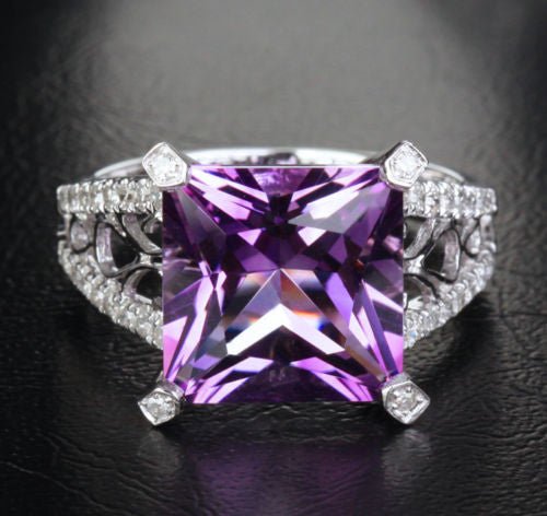 Reserved for Oleg - Princess Amethyst Engagement Ring Pave Diamond Wedding 14K White Gold 10.5mm - Lord of Gem Rings