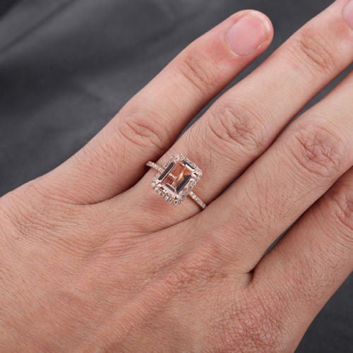 Reserved for oneionegemm Emerald Cut Morganite Engagement Ring Pave Diamond 14K Rose Gold - Lord of Gem Rings