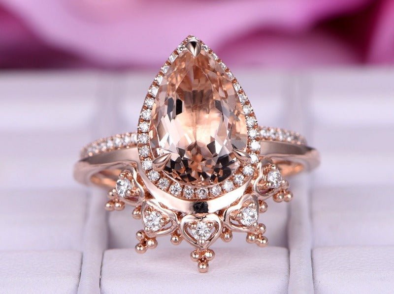 Reserved for Orlando- 8x12mm Pear Morganite Ring Diamond Tiara Wedding Bridal Set - Lord of Gem Rings