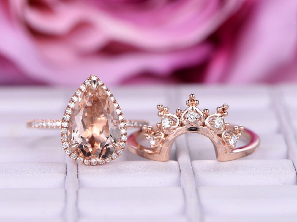 Reserved for Orlando- 8x12mm Pear Morganite Ring Diamond Tiara Wedding Bridal Set - Lord of Gem Rings