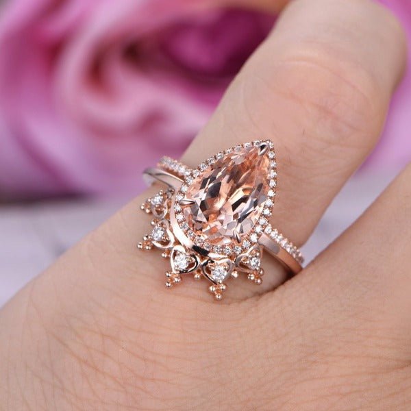 Reserved for Orlando- 8x12mm Pear Morganite Ring Diamond Tiara Wedding Bridal Set - Lord of Gem Rings