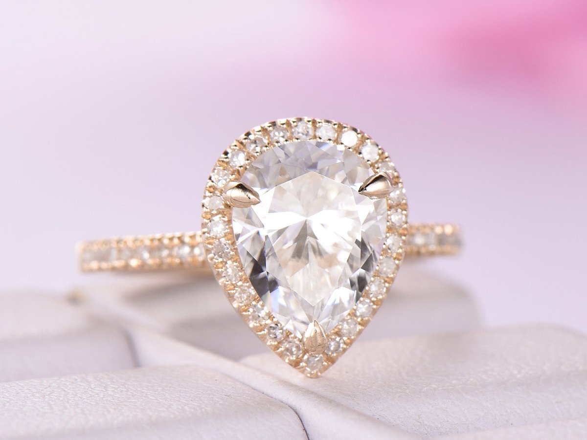 Reserved for Paola Pear Moissanite Ring Pave Diamond 14K Yellow Gold 7x9mm - Lord of Gem Rings
